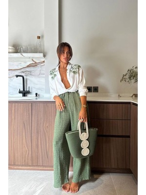 Neşeli Butik Kadın Nakış Detaylı Gömlek Pantolon Ikili Keten Takım NBEMP2514