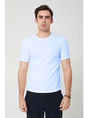 Sıfır Yaka Bisiklet Yaka Likralı  Petek Dokulu Buz Mavi Erkek Tshirt