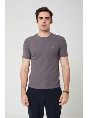 Sıfır Yaka Bisiklet Yaka Likralı  Petek Dokulu Antrasit Erkek Tshirt