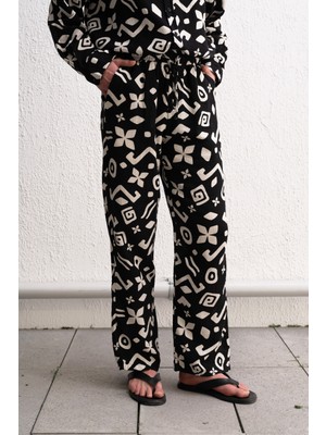 Giesto Etnik Desenli Rahat Kesim Siyah Pantolon