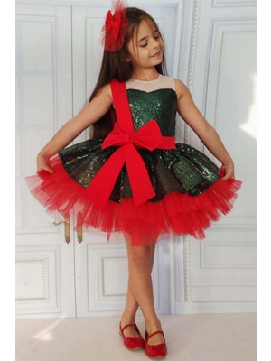 Kız Çocuk Önü ve Arkası Fiyonk Detaylı Üstü Pulpayet Işlemeli Etek Ucu Tüllü Haki Abiye