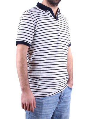 Dagoster DMG23-231237  Beyaz Lacivert Günlük Çizgili Polo Yaka Erkek Tişört
