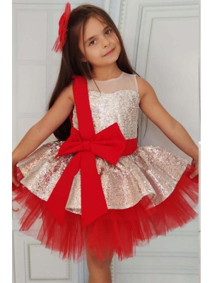 Kız Çocuk Önü ve Arkası Fiyonk Detaylı Üstü Pulpayet Işlemeli Etek Ucu Tüllü Gümüş Abiye