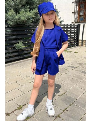 Riccotarz Kız Çocuk Kolsuz Penye Bluz Kısa Kollu Blazer Ceket Şapkalı Saks Mavisi Şortlu Takım