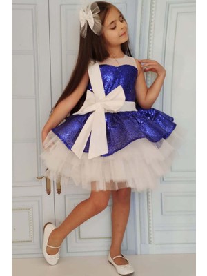 Kız Çocuk Önü ve Arkası Fiyonk Detaylı Üstü Pulpayet Işlemeli Etek Ucu Tüllü Saks Abiye