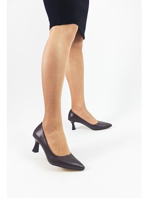 Kahve Renk Cilt Alçak Kadeh Topuk Kadın Stiletto