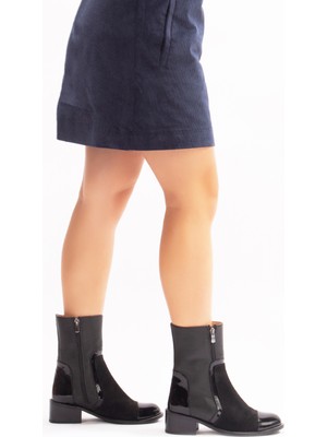 Nemesis Shoes Fermuarlı Kadın Bot Siyah Deri Süet Rugan