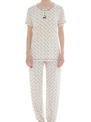 Bie's Kadın Desenli Bambu Pamuk Yazlık Kısa Kol Pijama Takımı-Geniş Kesim Anne Kalıp