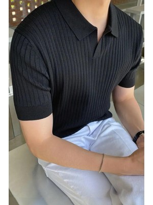Lorens Çizgili Likralı Slim Fit Polo Yaka Örme Erkek Triko Tshirt