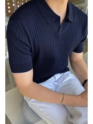 Lorens Çizgili Likralı Slim Fit Polo Yaka Örme Erkek Triko Tshirt