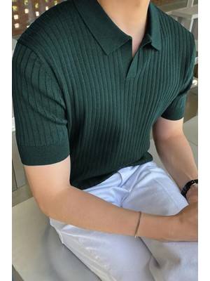 Lorens Çizgili Likralı Slim Fit Polo Yaka Örme Erkek Triko Tshirt