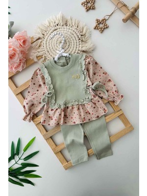 Miniğimin Cicileri Kalp Işleme Bağcık Detaylı Kız Bebe 2 li takım - Yeşil