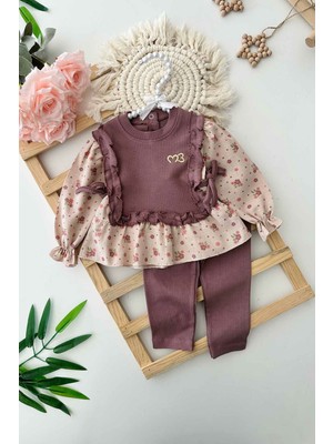 Miniğimin Cicileri Kalp Işleme Bağcık Detaylı Kız Bebe 2 li takım - Mor