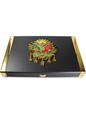 Tesbih Kardeşliği Siyah Renk Koleksiyonluk 14'lü Yatay Osmanlı Devlet Armalı Deri Tesbih Kutusu