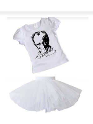 Kız Çocuk 23 Nisan 29 Ekim Gösteri Kıyafeti Tişört Atatürk Baskılı-Tütü Etek