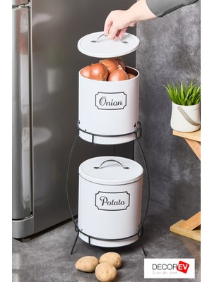 Decorev 2 Katlı Kulplu Patates Soğanlık Metal Patates Soğan Kovası Sebzelik Sepeti Beyaz