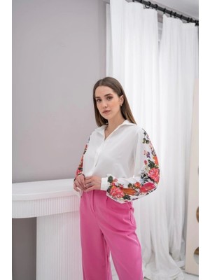 Beyaz Kolu Çiçekli Gömlek