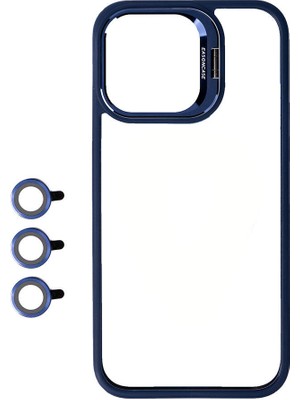 ZORE Apple iPhone 15 Pro Max Uyumlu Kamera Lens Korumalı Standlı Zore Klon Lensli KAPAK-LACIVERT-8680436728703-