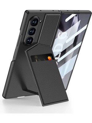 ZORE Galaxy Z Fold 6 Kılıf Karbon Fiber Deri Kartlıklı Zore Kıpta Dik Açılan Kartlıklı KAPAK-SIYAH-868043