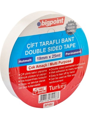 Bigpoint | Çift Taraflı Hotmelt Bant, 19 mm x 25 M,  Tüm Yüzeyler Için Ideal