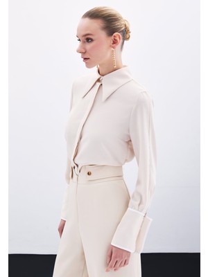 Klasik Manşetli Kontrast Gömlek - Bej