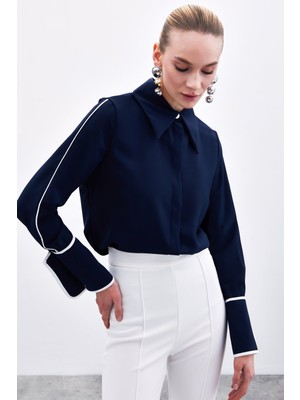 Klasik Manşetli Kontrast Gömlek - Lacivert