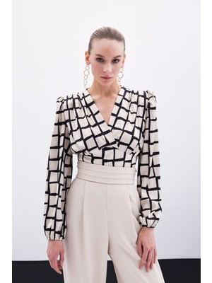 Desenli Crop Bluz - Bej