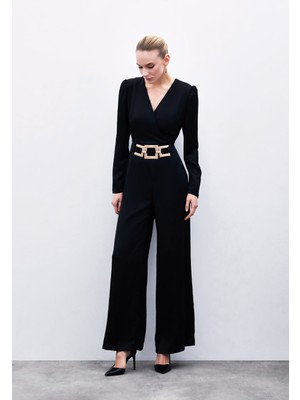 Sateen Sabit Kemerli Saten Tulum - Siyah