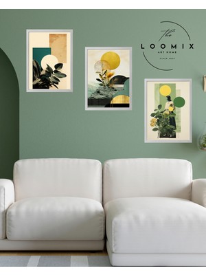 Loomix Ahşap Çerçeveli 3 Lü Soyut Tablo Home Ev Dekor 30x42 Beyaz