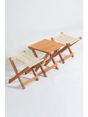 Meya Dekor Kamp Karavan Piknik Balkon Bahçe Ahşap Sehpalı Tabure Seti 2+1