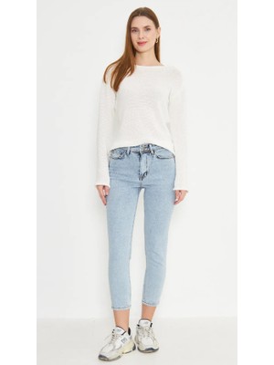 Kutaf Mavi Kar Yıkama Mom Jeans Likralı Yüksek Bel  Pantolon Ekstra Rahat