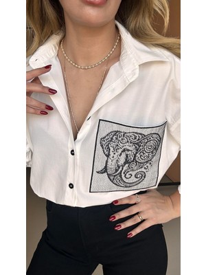 Qimya Butik Bebe Plus Kadın Fill Işlemeli Oversize Gömlek