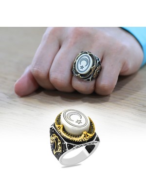 Fildişi Üzerine Ayyıldız Işlemeli Kenarları Mikro Zirkon Taş Mıhlamalı Oval Tasarım Koleksiyonluk 925 Ayar Gümüş Erkek Yüzük