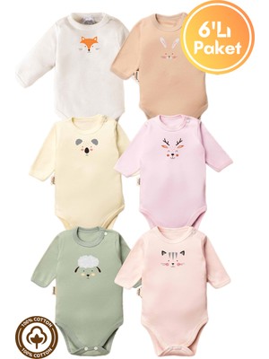 Unisex %100 Organik Pamuklu Hayvan Figürlü 3-6-9-12 Ay 6lı Uzun Kollu Bebek Body Zıbı