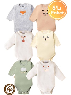 Unisex %100 Organik Pamuklu Hayvan Figürlü 3-6-9-12 Ay 6lı Uzun Kollu Bebek Body Zıbı