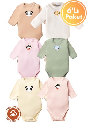 Unisex %100 Organik Pamuklu Hayvan Figür Baskılı 3-6-9-12 Ay 6lı Uzun Kollu Bebek Body Zıbın