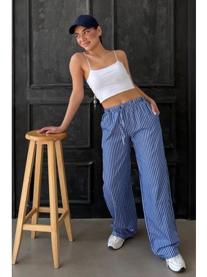 Lacivert Beli Ayarlanabilir Çizgili Cepli Bol Paça Kadın Pantolon MG2312