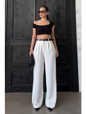 Beyaz Çift Pileli Kemerli Pantolon MG2330