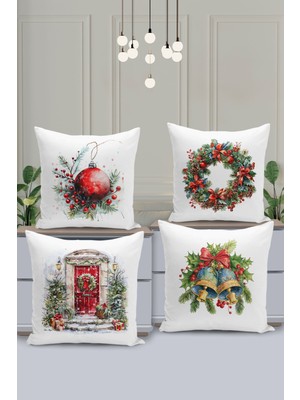 Filamente 4'lü Kırlent Kılıf Seti Yılbaşı Christmas Deseni Çift Taraflı Dijital Baskılı