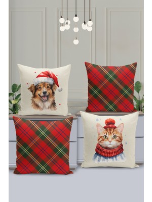 Filamente 4'lü Kırlent Kılıf Seti Yılbaşı Christmas Deseni Çift Taraflı Dijital Baskılı