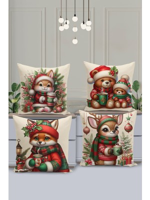 Filamente 4'lü Kırlent Kılıf Seti Yılbaşı Christmas Deseni Çift Taraflı Dijital Baskılı