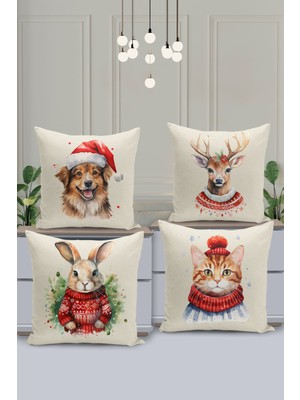 Filamente 4'lü Kırlent Kılıf Seti Yılbaşı Christmas Deseni Çift Taraflı Dijital Baskılı