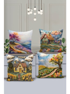 Filamente 4'lü Kırlent Kılıf Seti Doğa Deseni Nakış Görünümlü Çift Taraflı Dijital Baskılı