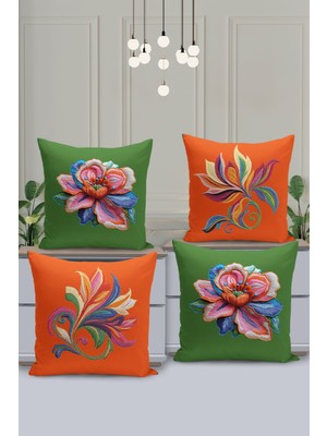 Filamente 4'lü Kırlent Kılıf Seti Nakış Görünümlü Desen Çift Taraflı Dijital Baskılı