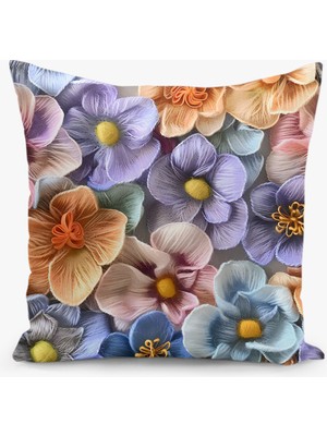 Filamente Çift Taraflı Çiçek Desenli Nakış Görünümlü Dijital Baskı Kırlent Kılıfı