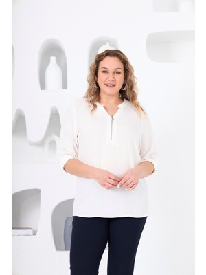 Rmg Yaka Fermuar Detaylı Büyük Beden Ekru Bluz