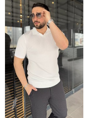 Erkek Polo Yaka Kendinden Çizgi Desenli Triko Tişört P-00015202