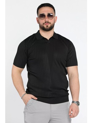 Erkek Polo Yaka Kendinden Çizgi Desenli Triko Tişört P-00015202