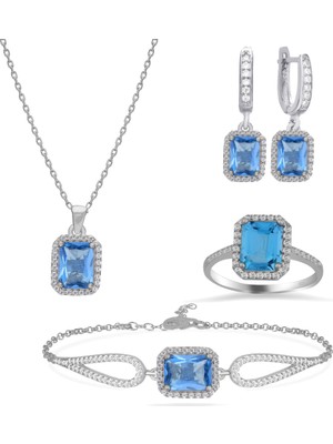 Silveranka 925 Ayar Gümüş Aqua Baget Taşlı Takı Seti