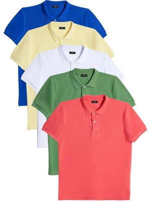 Tudors Erkek 5li Paket K. Sax-Sarı-Turuncu-Yeşil-Beyaz Slim Fit Dar Kesim Pamuklu Düz Pike Polo Yaka Tişört